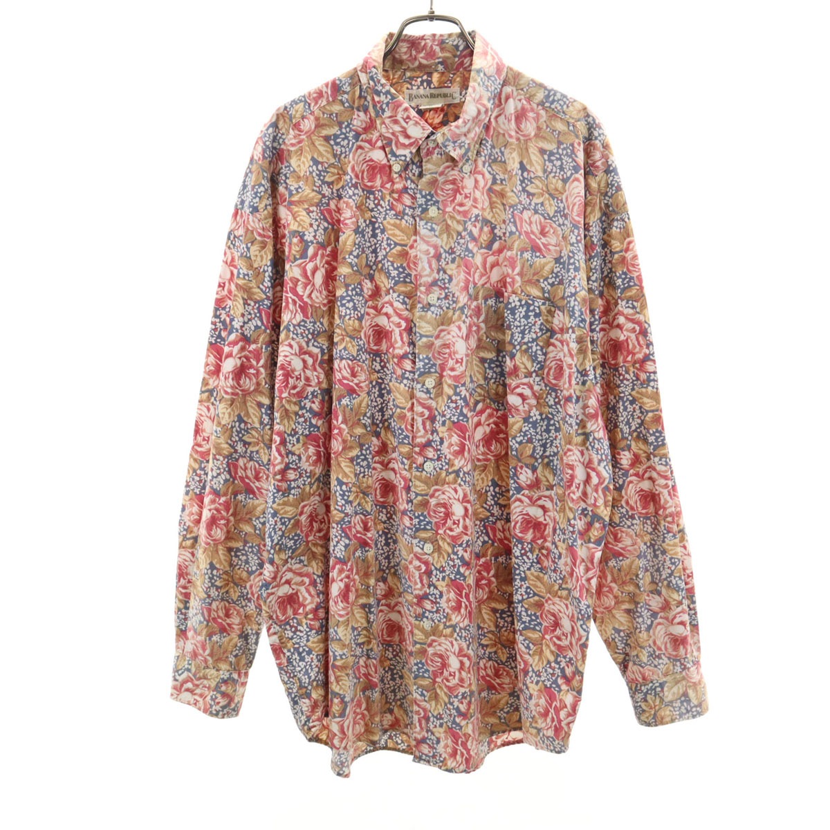 80s 90s オールド 総柄 長袖 ハワイアン ボタンダウンシャツ XL レッド メンズ 古着