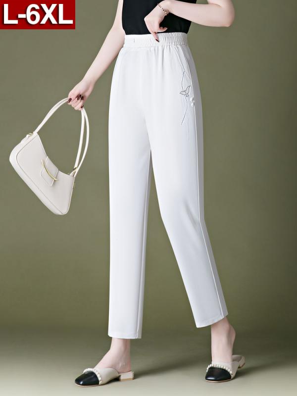 レディース ファッション おしゃれ 白 ストレート パンツ 夏 薄手 涼しい ストレッチ性 ハイウエスト 大きいサイズ チャイナ風 九分丈 パンツ
