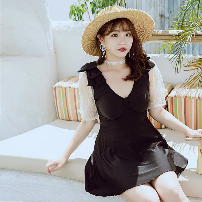 水着 レディース 体型カバー 水着 ワンピース 二の腕カバー 大きいサイズ ぽっちゃり 水着 レディース 黒 2L 3L 4L 5L 6L 個性的 ぽわん袖 水泳 海水浴 ビーチ フレアワンピースシー