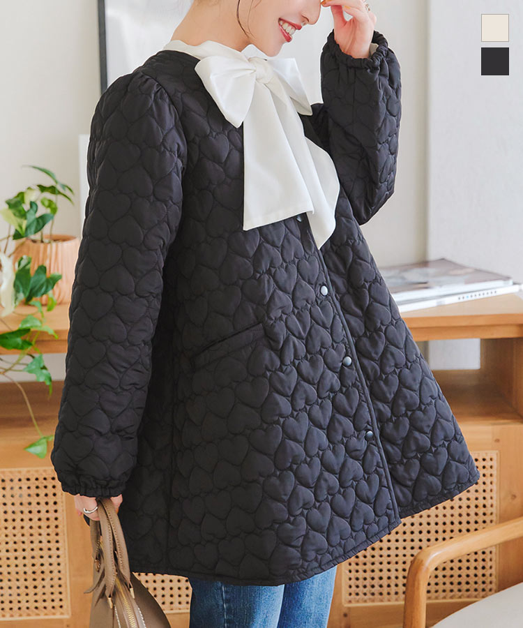 ハート柄 キルティング ジャケット レディース ハート ミディ ミディアム丈 ノーカラー コート アウター キルティングジャケット きれいめ 長袖 骨格ストレート 骨スト 骨格ウェーブ キルト 白 ホ