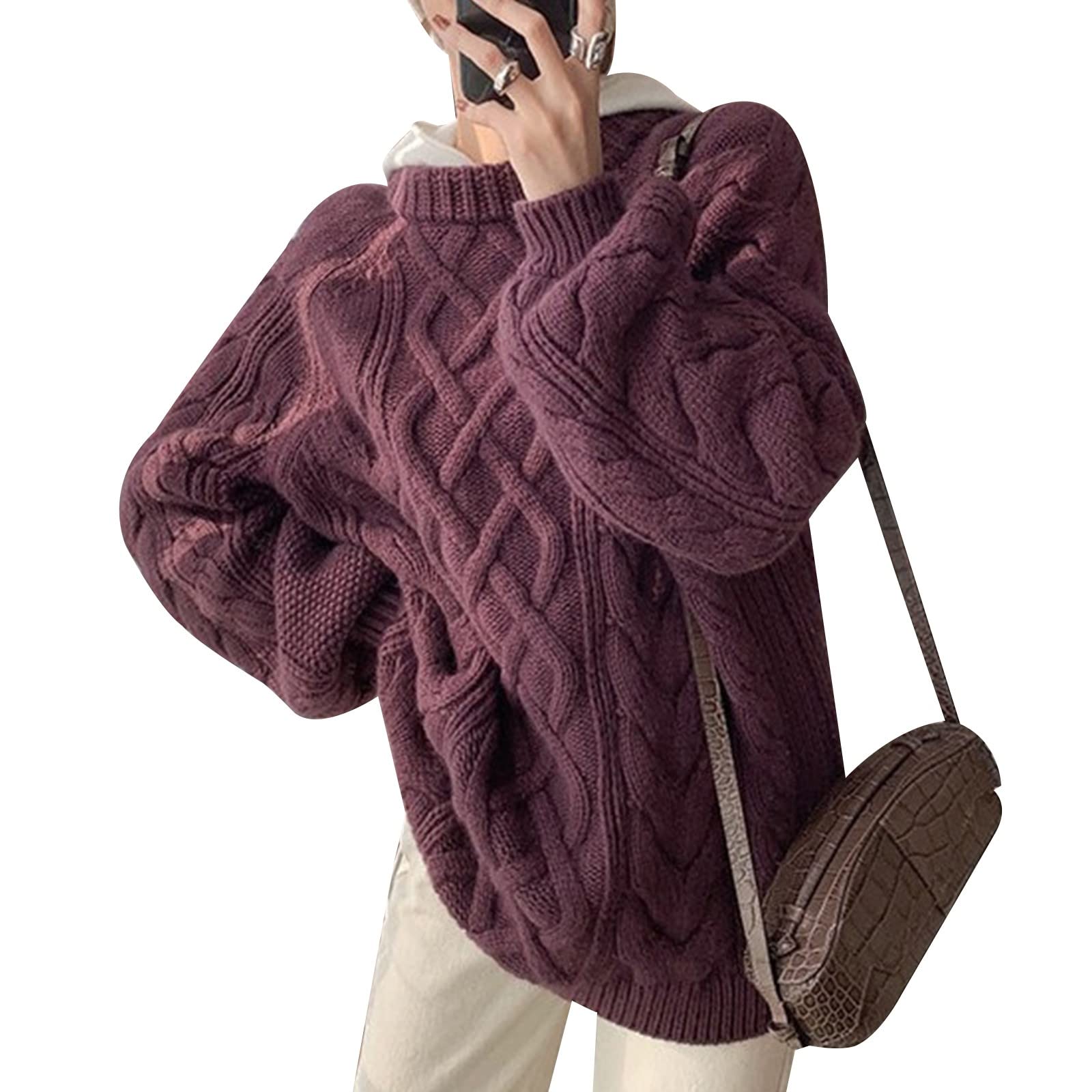 セーター レディース ニット 長袖 ケーブル編み 丸首 無地 クルーネック 暖かい 柔らかい 大きめ 体型カバー オシャレ 大人 カジュアル 可愛い ファッション オフィス 通勤 通学 デート プルオ