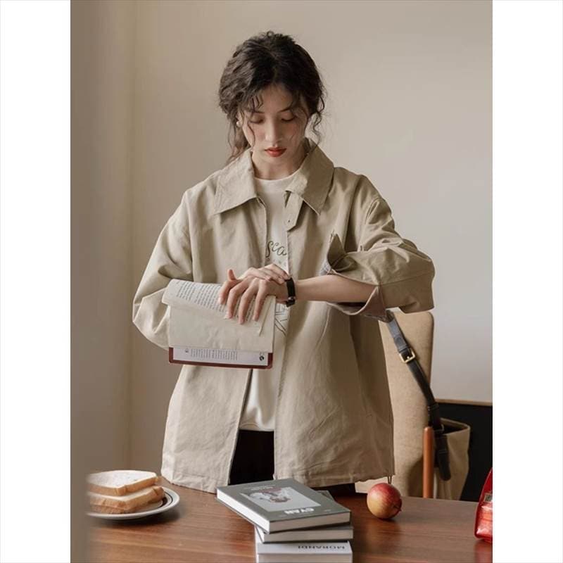 割引アウター レディース ライトアウター ジャンパー ブルゾン 襟付き スタンドカラー 2way ドロップショルダー 薄手 長袖 ボタン ジップアップ ポケット 裏地チェック柄 大人可愛い きれいめ 4,624円