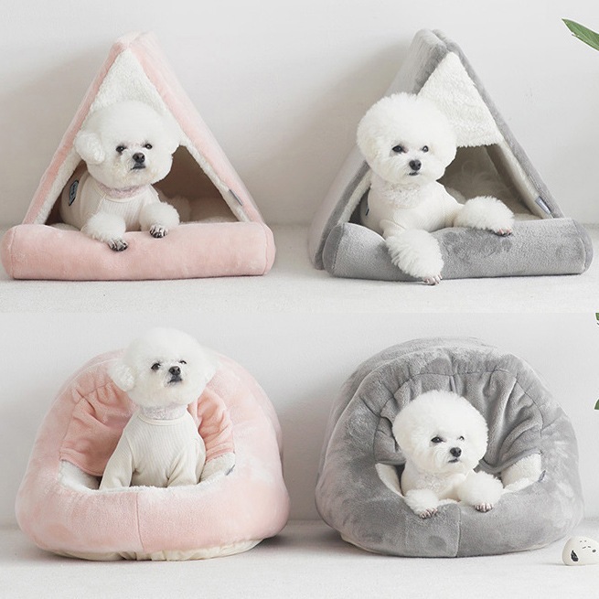 韓国産ウールのぬいぐるみ快適な半密閉型ット小屋ドアカーテン付き猫と犬のベッド四季用