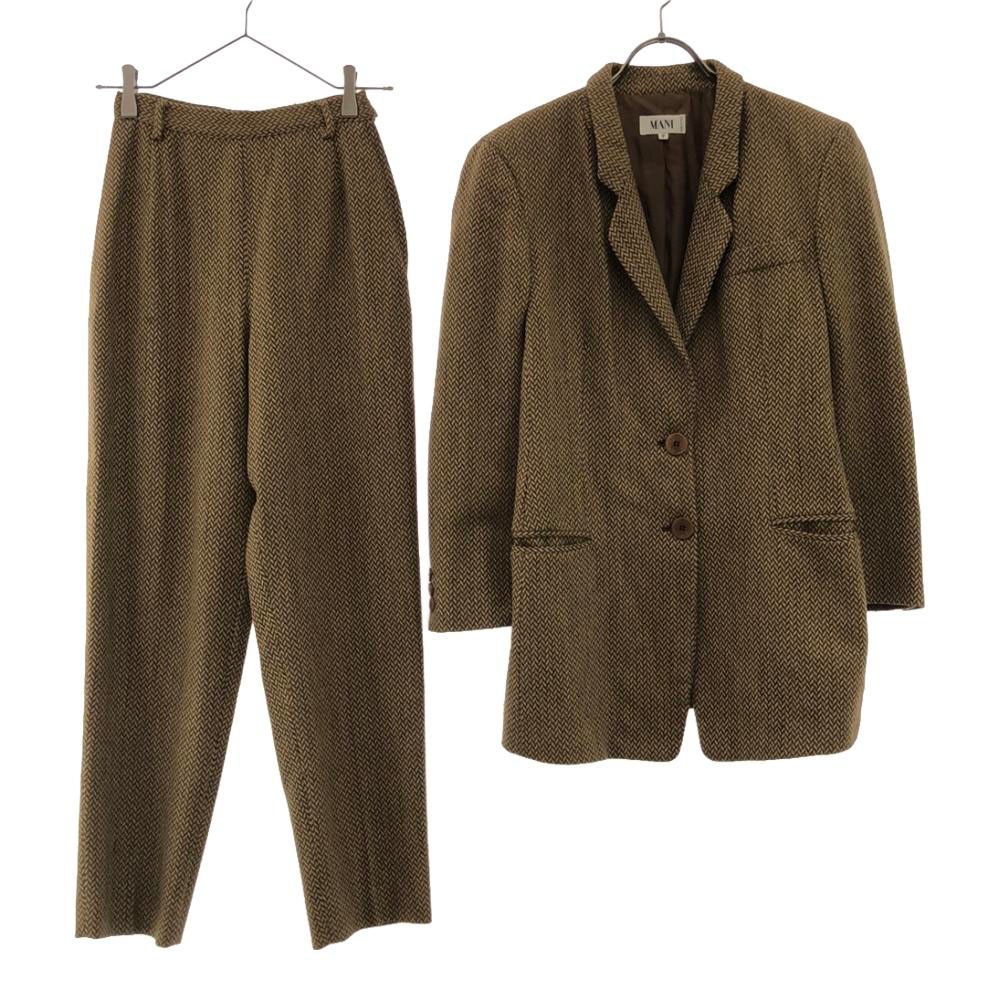 マーニ イタリア製 ヘリンボーン柄 パンツスーツ 上下セットアップ 40 ベージュ系 MANI 肩パット入り レディース