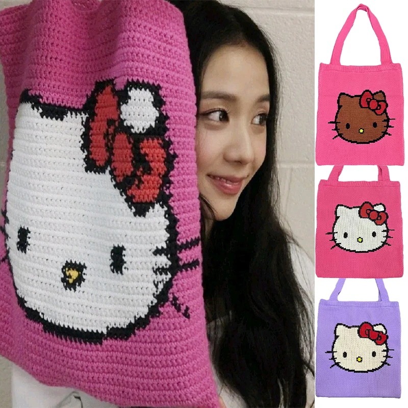 卸売リンク: 1つ買うと10個もらえる 韓国 BLACK PINK ジスちゃんJISOO 愛用 HELLO KITTY ハンドメードニットバッグ 可愛い 童趣 トートバッグ ショルダーバッグ スター