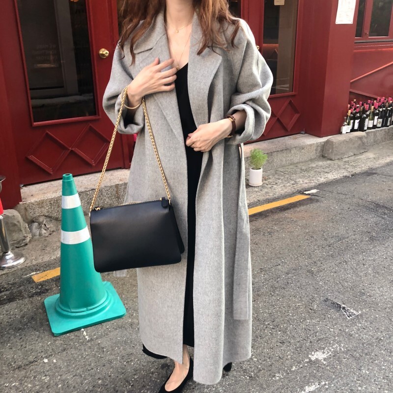 ロング丈ウールコート ウエストリボン ２カラー a1396