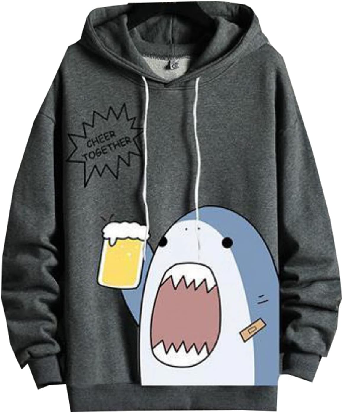 男性 スウェットパーカー トレーナー サメ柄 漫画柄 可愛い 薄手 軽量 プルオーバー 流行し 通気 ストレッチ フード付き 体型パカー トップス 柔らかい 丈長め カジュアル ハンサム 長