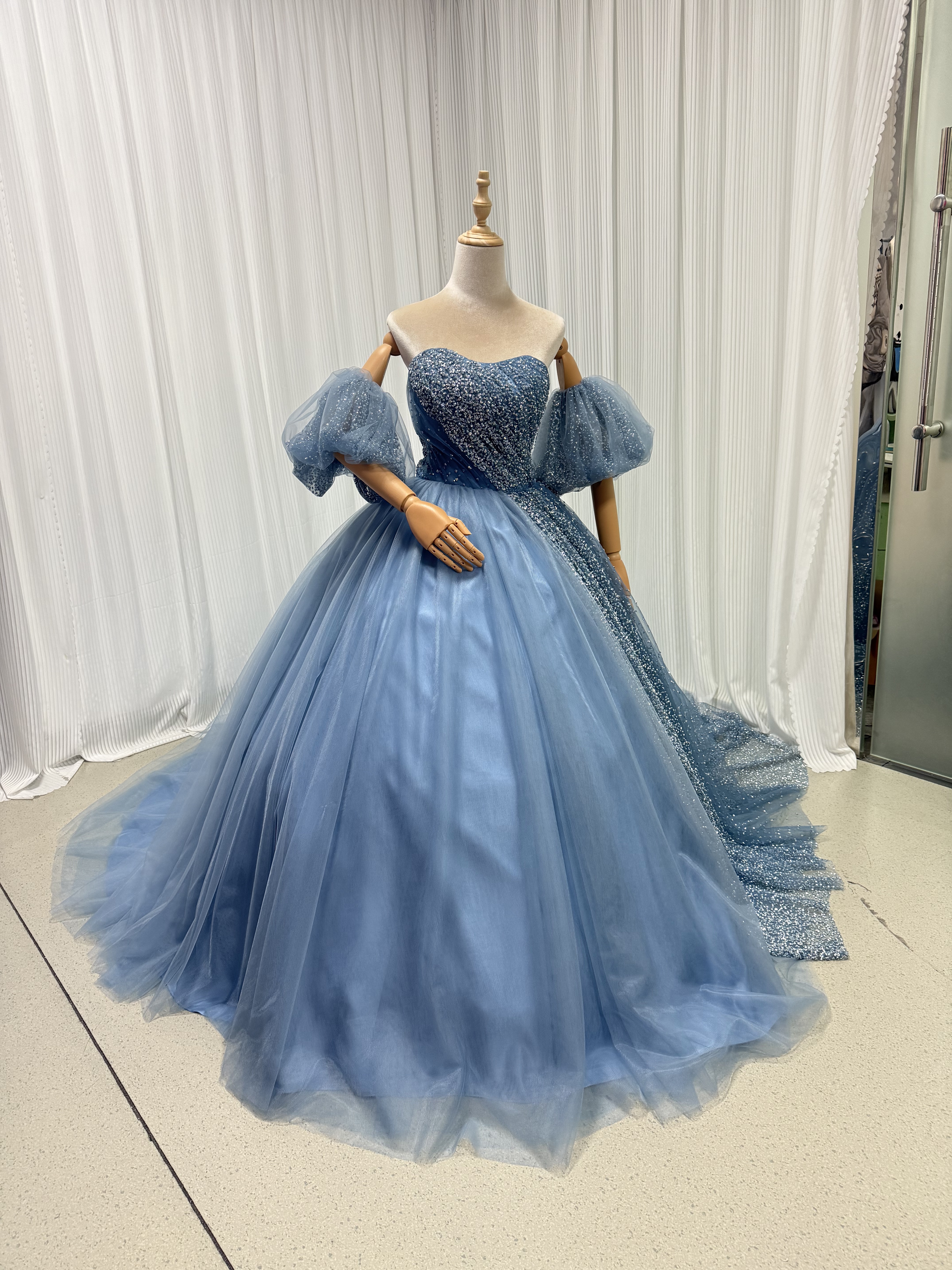 カラードレス ブルーグレー ベアトップ ビスチェタイプ 取り外し袖 グリッタードレス ソフトチュール