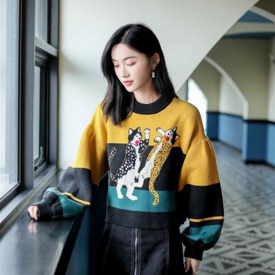 セーター レディース イラスト カジュアル プリントセーター ショート丈 コントラスト 長袖 ボリューム袖 ラウンドネック こなれ感 カジュアル 春 秋 冬 新作 ボーダー 猫好き ストライプ アニマ