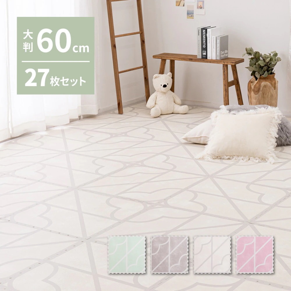 ジョイントマット 大判 27枚セット（1枚60x60cm 厚み12mm） レトロデザイン 防音 撥水性 サイドパーツ付き フリーカット可能