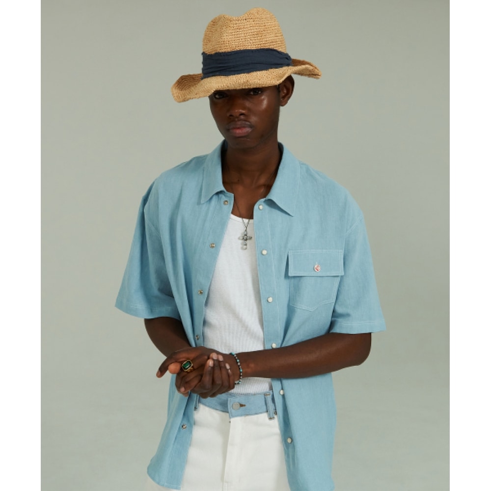 BEYOND CLOSET [コレクションライン] マリンシェルボタンソフトリネン半袖シャツスカイブルー