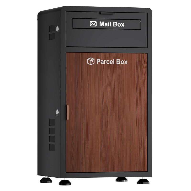 宅配ボックス ポスト一体型 ポスト付き 大容量 おしゃれ 木目調 組み立て不要 防水・防錆 屋外 置き配 盗難防止 両開扉 調整可能なスタンド 透明窓 案内ステッカー付き 戸建て用 個人宅 (ブラック