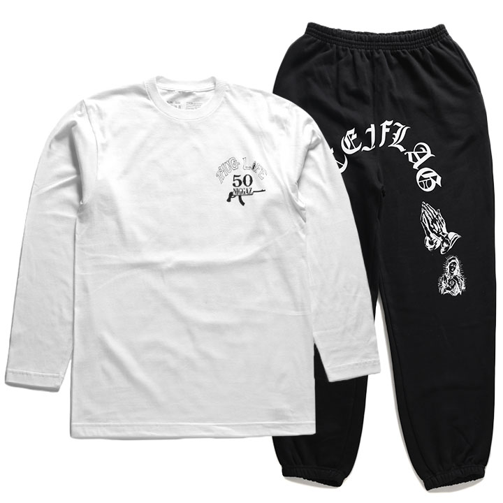ACE FLAG 上下セット 長袖 ブランド スケボー メンズ 春秋冬用 白 大きいサイズ エースフラッグ セットアップ ロンT 上下 2pac 十字架 プレイングハンズ