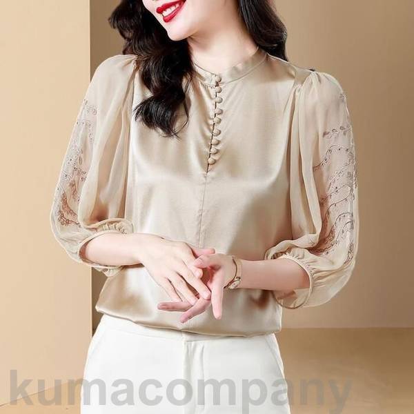 トップス ブラウス シャツ カットソー エレガント シアー 刺繍 レース レディース きれいめ カジュアル おしゃれ 七分袖 大人 可愛い フェミニン 体型カバー バンドカラー 透け感 ベージュ 春