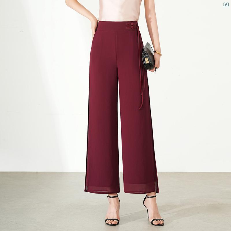 レディース ホワイト ワイド パンツ 夏用 薄手 ハイウエスト たり 長身 中華風 スリット ドレープ シフォン ダンス