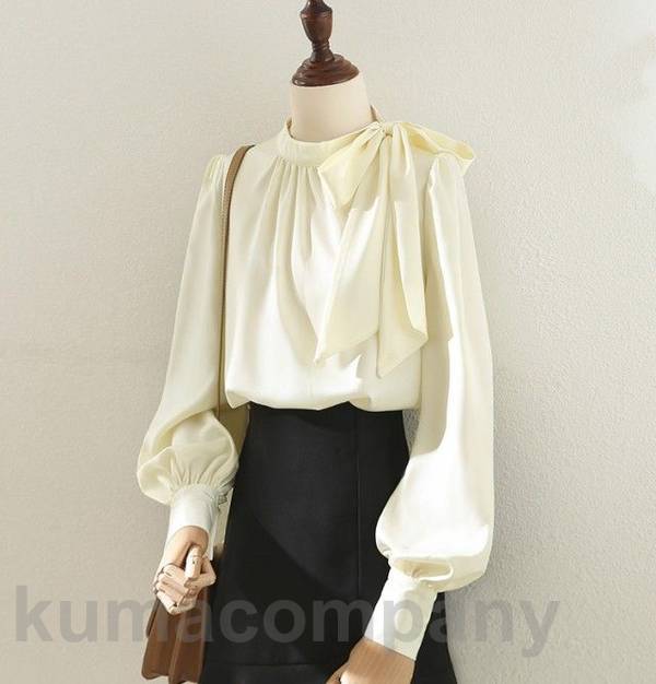ボウタイ リボン ブラウス レディース トップス 長袖 ハイネック スタンドカラー シャツブラウス パフスリーブ きれいめ お呼ばれ 大きいサイズ 通勤服 オフィス カジュアル 上品 kmシャツ・ブラウス