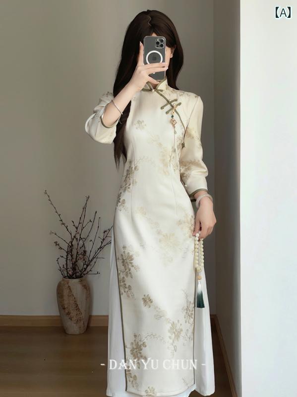 アオザイ チャイナドレス 夏 レディース ワンピース 若々しい レトロ 長袖 ロング丈 カーキ 4,500円