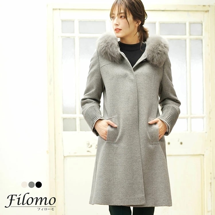 カシミヤブレンドロングコートフォックスファー付き