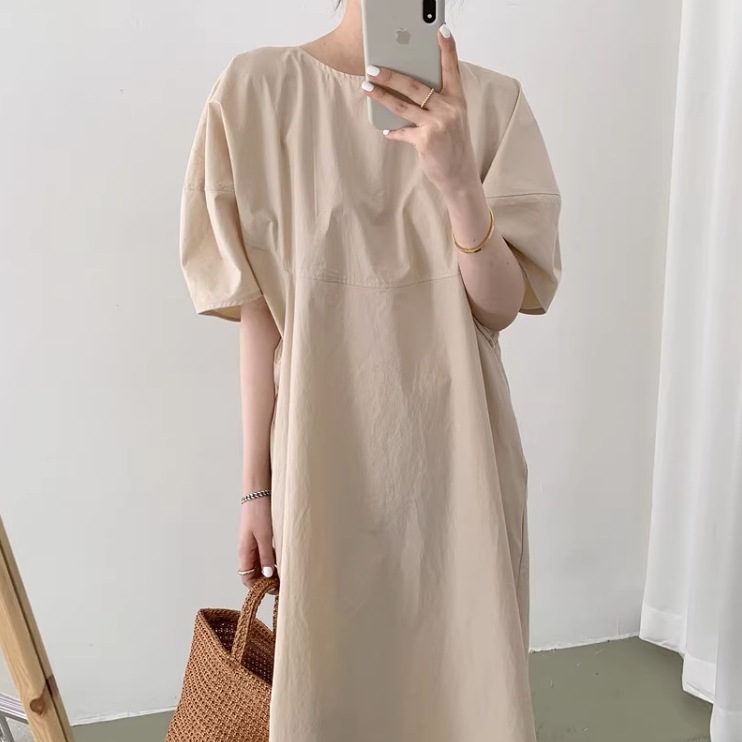 ワンピース ワンピドレス ロング ロング丈 袖あり 半袖 パフスリーブ ラウンドネック 襟なし セミフレア Aライン ポケット かわいい 大人可愛い きれいめ シンプル 上品 おしゃれ アジアン