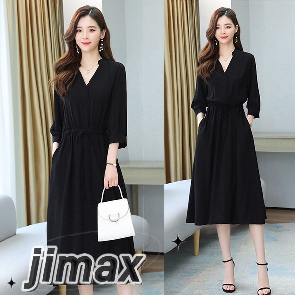 黒ワンピース フォーマル 黒 ワンピース ロングワンピース レディース 春 40代 キレイめ vネック ロング きれいめ カジュアル マキシ丈ワンピース 春秋 長袖 七分袖 フォーマル 黒ワンピ コー