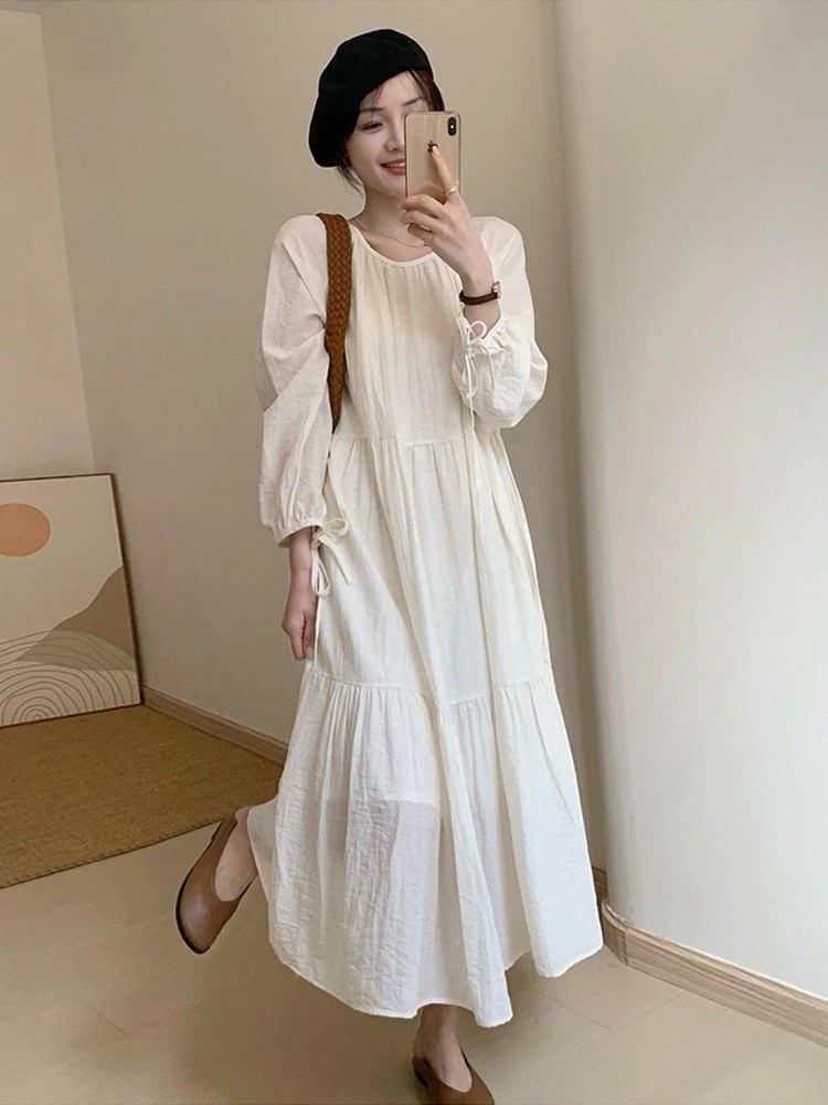 長袖ワンピースレディース春秋作韓国ファッションゆったり着痩せ気質バブル袖ロングワンピースカップ付きインナー