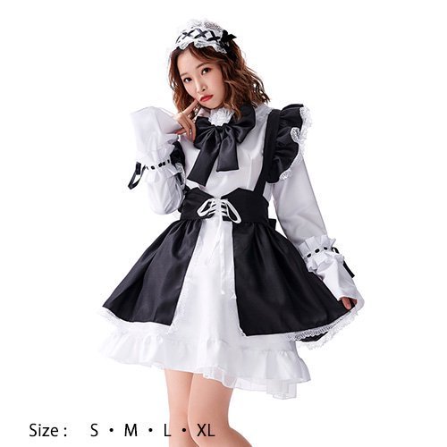 273コスプレ コスチューム メイド服 エプロン ガーリー フリル ふんわり リボン 可愛い 愛らしい ブラック S M L XL GRAXIA グラシア