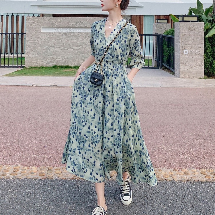 大人可愛い ハイウエスト七分袖 花柄ワンピース プリント 足首丈 プリント 柄ワンピ 速くおよび自由な Vivalafocaccia Com