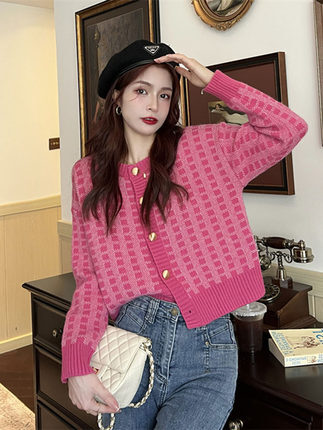 トップス ガーディガン ニットカーディガン セーター 格子縞 ラウンドネック ショート丈 通勤 秋 ピンク S M L 長袖 ボタン ジャケット ショート 袖あり 襟なし 伸縮性 0 かわいい