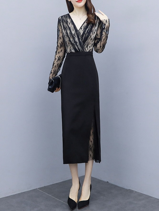 ワンピース ワンピドレス ロング丈 長袖 Vネック スリム タイト 細身 ストレート Iライン マーメイド 切り替えデザイン レース 透け感 シースルー 薄手 大人 上品 おしゃれ お洒落 かっこいい