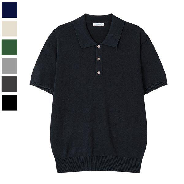 メンズ イズ リネン カラネック 半袖 ニットTシャツ AS-KNH-Q033-ネイビー