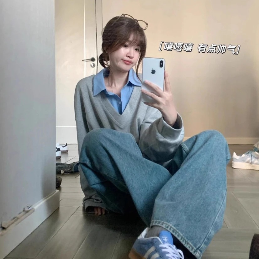 レディース用ポロカラーフェイクツーピースグレースウェットシャツ春と秋のスタイル韓国ファッションプレッピースタイルゆったりとしたリラックスしたトップス