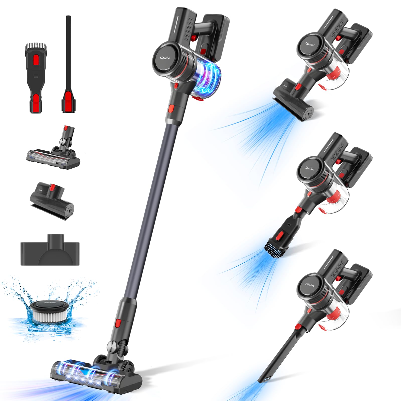 Uowind 掃除機コードレス 30000pa強力吸引充電式 スティッククリーナー ハンディクリーナー 2WAY 強弱3段階モード 4種類ノズル 延長パイプ 60分連続稼働 超軽量 そうじき 電気掃除