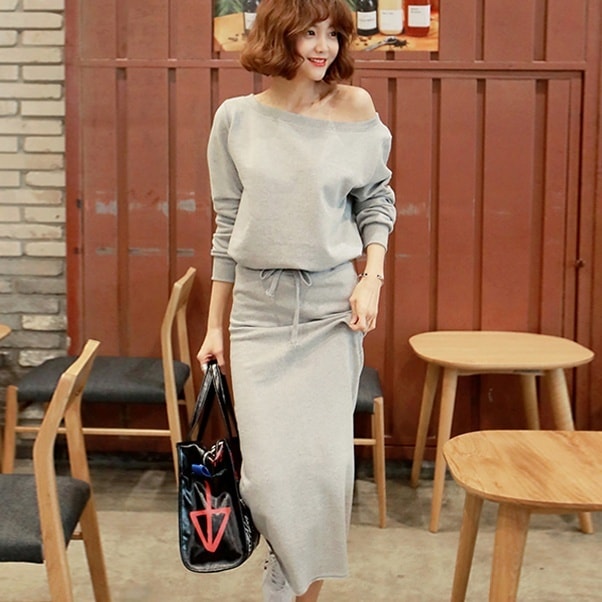2点セット セットアップ 上下セット トレーナー ボトルネック ミディアム丈 プルオーバー ミモレ丈スカート タイトスカート ミモレ丈 ウエストゴム 部屋着 ルームウエア かわいい 大人可愛い
