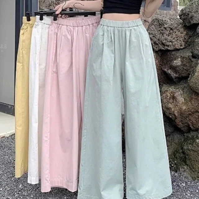 24 パンツ ロング丈 フレア パステルカラー ウエストゴム ハイウエスト 美脚効果 脚長効果 細見え おしゃれ かわいい カジュアル 韓国ファッション レディース お出かけ