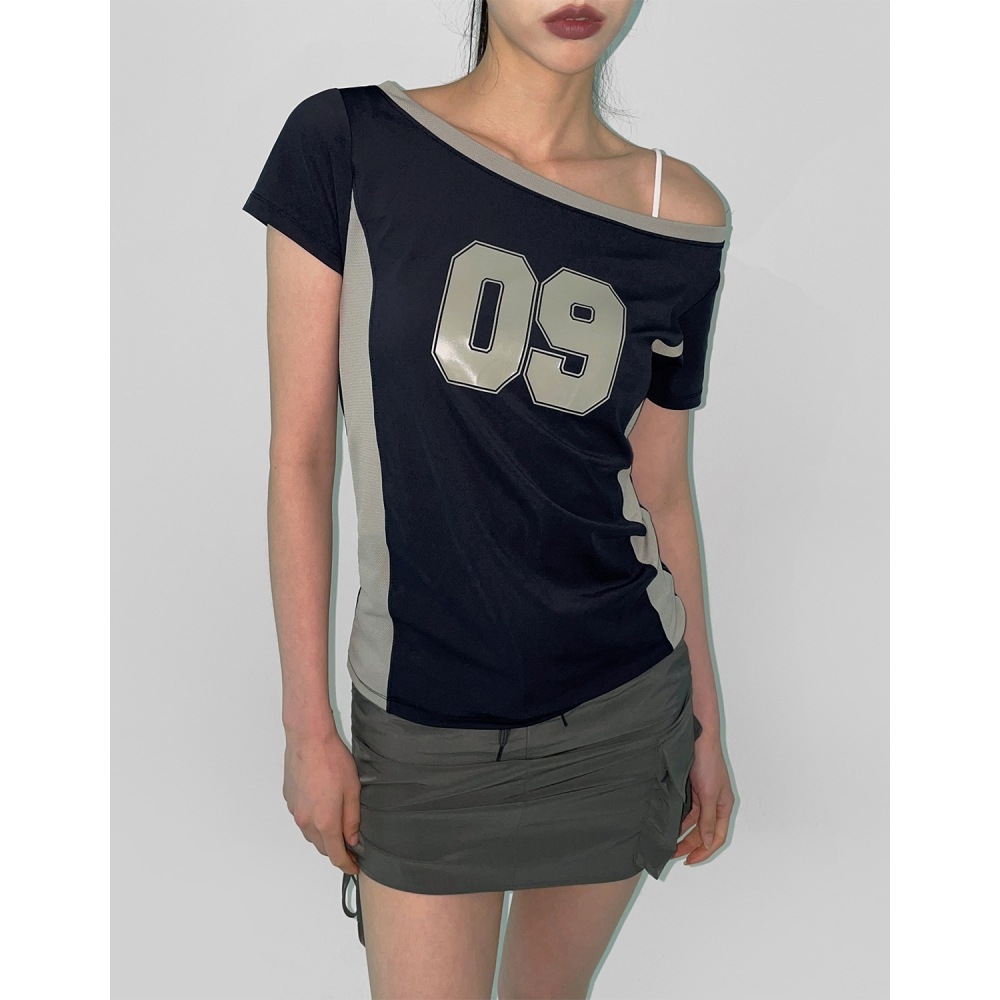 ブラックアップ [メイド] スピンプリントオフショルダー半袖Tシャツ