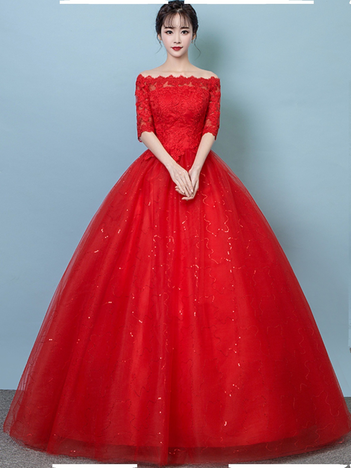 赤いウェディングドレス2025ワンショルダー気質韓国風長袖レース床の長さ大きいサイズ白い花嫁ロングテール