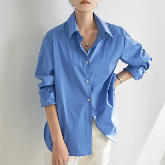 長袖シャツ レディース トップス ブラウス 襟あり ポロ襟 シンプル 無地 ベーシック 定番 フロントボタン カジュアル お出かけ きれいめ オフィス OL 青 ブルー 長袖 春秋 シャツ