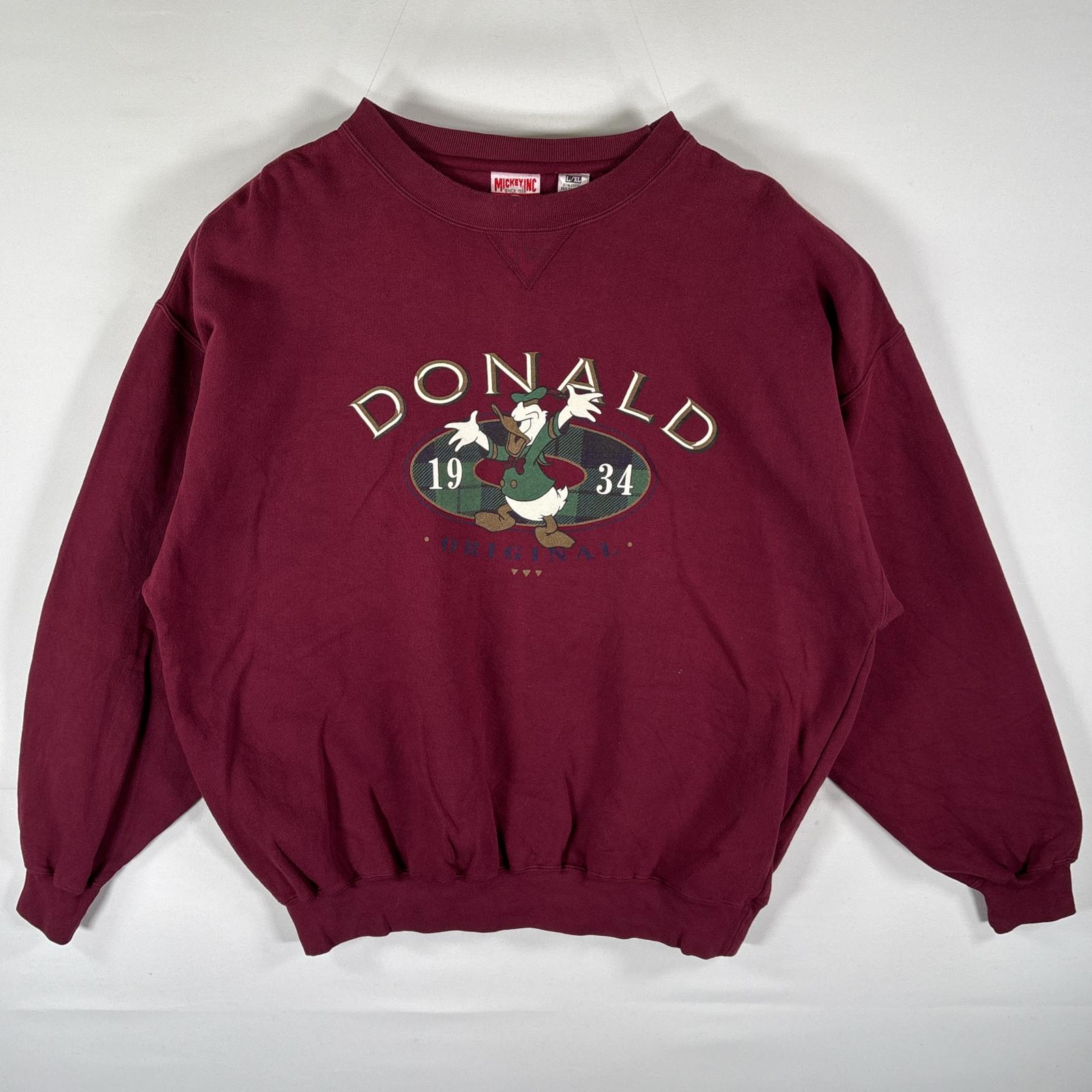 古着 スウェット トレーナー クルーネック ビッグプリント ドナルドダック 前Vガゼット L/XL バーガンディ メンズ