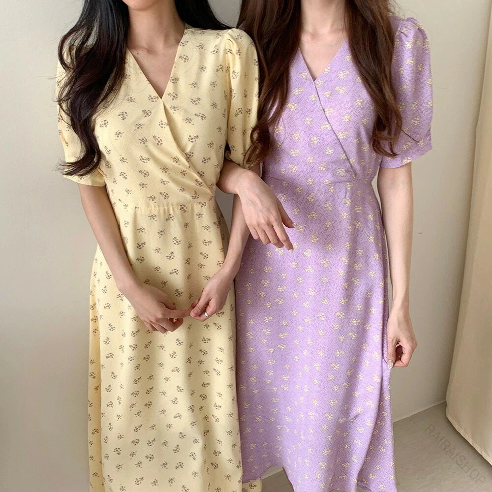 【新商品を厳選】花柄 ワンピース フラワー カシュクール ワンピース パフスリーブ 半袖 ハイウエスト 夏ワンピース サマーワンピース 大人ワンピース レトロ ワンピース 20代 30代 エレガント