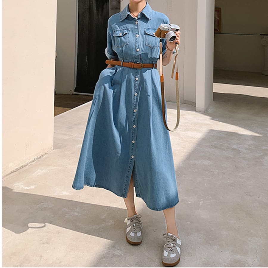 早割価格ワンピース レディース 半袖 サマードレス デニムシャツワンピ 10代 20代 30代 40代 ファッション 10859
