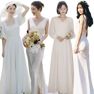 8月新品追加 ウェディングドレス白 パーティードレス 結婚式二次会 半袖 長袖ドレス ワンピース