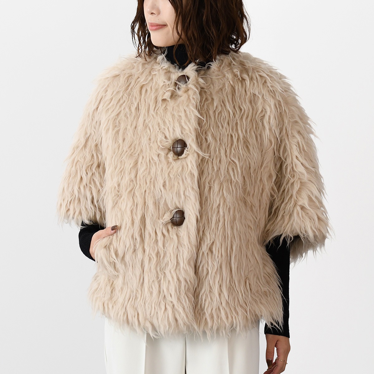 Max Mara マックスマーラ アウター ジャケット CALAMO クルーネックケープ レディース ベージュ ウール ファー ポンチョ おすすめ 人気 ギフト プレゼント