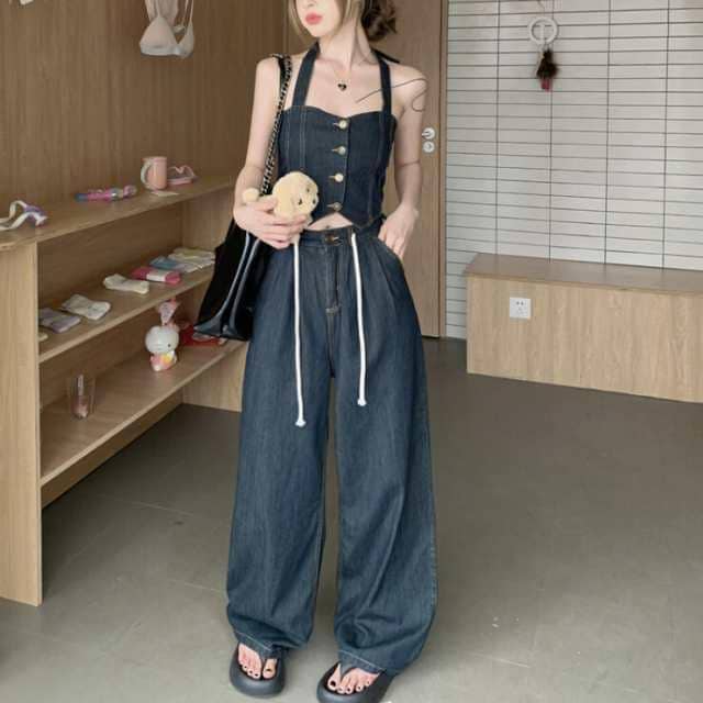 セットアップ レディース プルオーバー デニム Gパン ズボン デニムパンツ ワイドパンツ ストレートパンツ クロップド クロップド丈