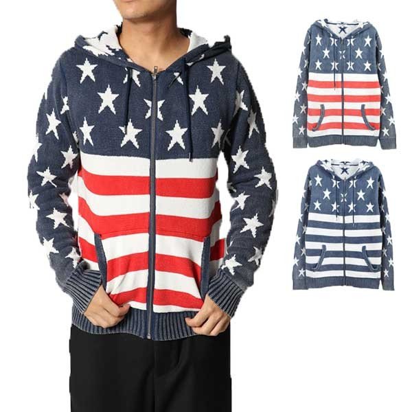 パーカー ジップパーカー ジップ ジャガード 星条旗 星柄 トップス メンズ ネイビー レッド