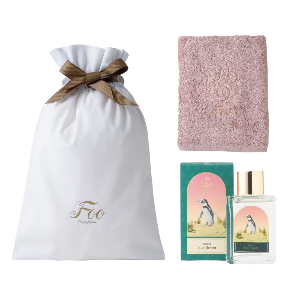 Foo Tokyo オーガニックコットン ハンドタオル(ピンク)&バスオイル Luxe Flower 1本 ギフトセット(巾着付き)人気 女性 ギフト 高級 植物オイル オーガニックコットン 保湿 乾