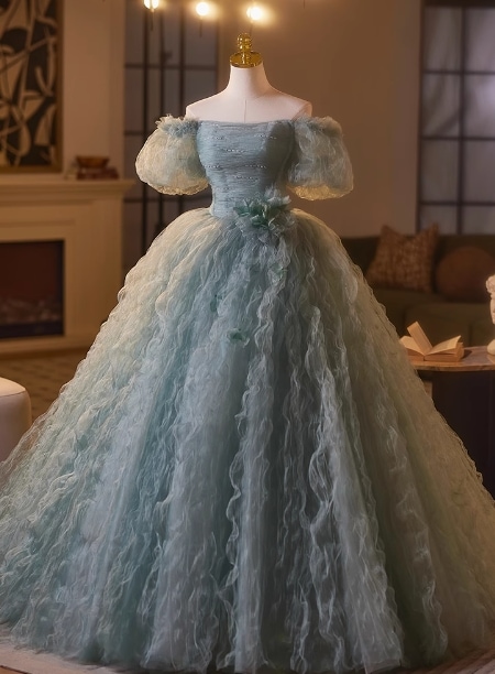 カラードレス グリーン オフショルダー ソフトチュール 編み上げ アンティークなドレス 柔らかく重ねたチュールスカート