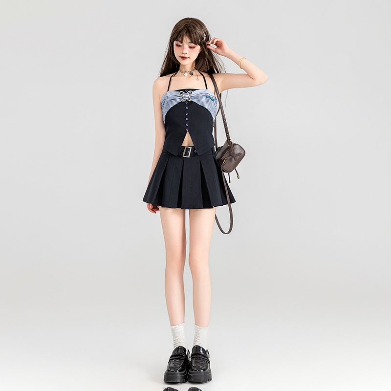 miu スタイルスーツ 女性用 24夏 甘辛 ホルターネック サスペンダートップ+プリーツスカート 2点セット