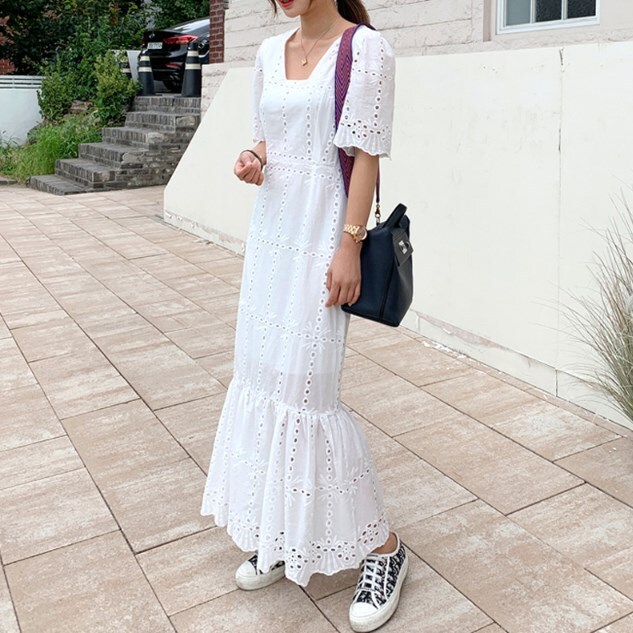 ワンピース ロングワンピース マーメイドスカート 袖付き 半袖 スクエアネック 切り替えデザイン 刺繡 透け感 シースルー かわいい 大人可愛い きれいめ シンプル カジュアル 大人 上品 おしゃれ