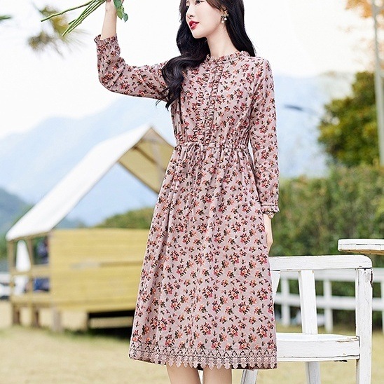 ワンピース ミディアム丈ワンピース 長袖 ハイネック フリル ウエストリボン ポケット ハーフボタン かわいい 大人可愛い きれいめ シンプル 上品 おしゃれ カジュアル こなれ感 個性的 主役級