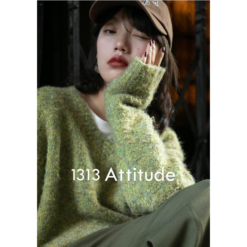 怠惰なレトロな黄色と緑の花糸 V ネック gifts for women プルオーバー ニット ウール keep warm ワックス状の柔らかいルーズ セーター